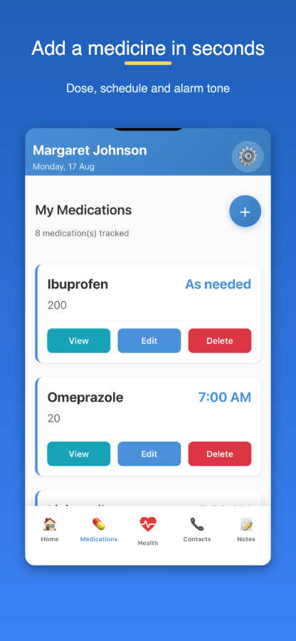 Set a medicine's dose, unit and reminder times